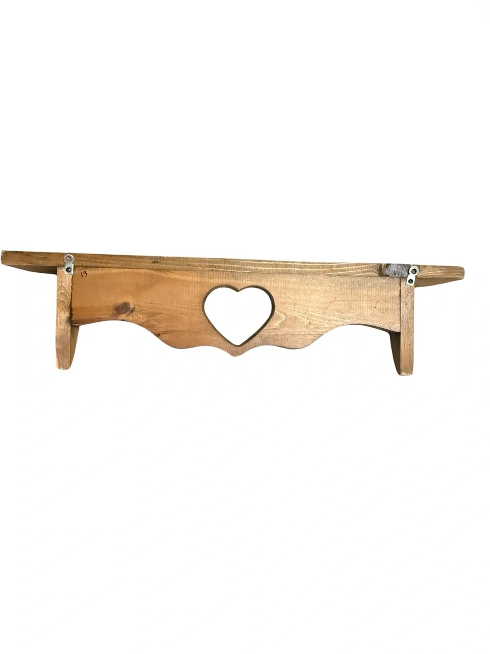 Vintage Rustic Wooden Wall Shelf With A Prominent Heart-Shape Cutout 4 Peg Hooks